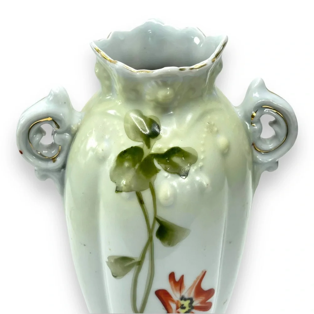 Nippon Hand-Painted Porcelian 2 Handle Vase Floral Lake  Pattern & Gold Trim